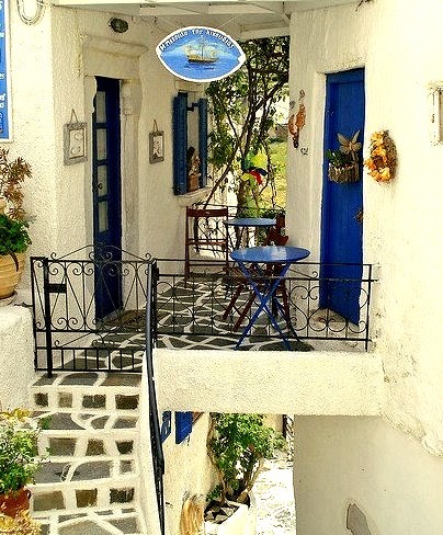 Small picturesque terrace in Lefkes, Paros Island, Greece
