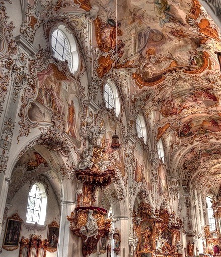 Beautiful baroque architecture inside Rottenbuch Abbey, Bavaria, Germany
